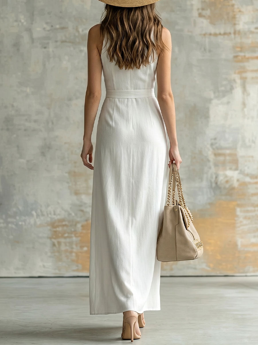Women's Round-neck Sleeveless Side-slit Cotton-linen Dress