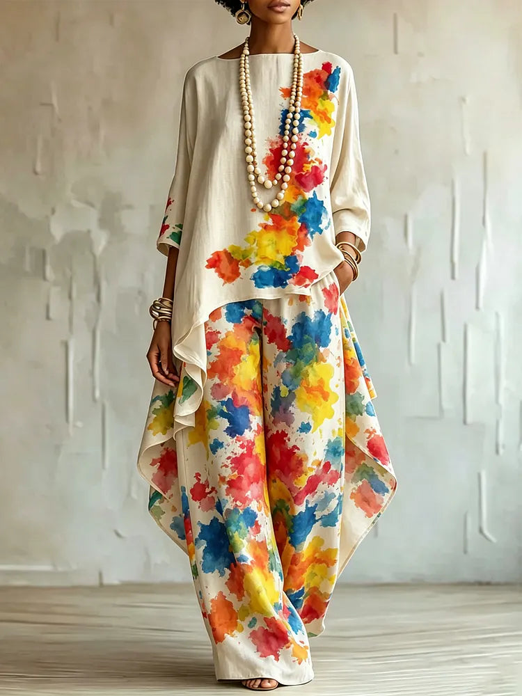 Elegant & Artistic Colorful Graffiti Ink-splatter Print Two-piece Set