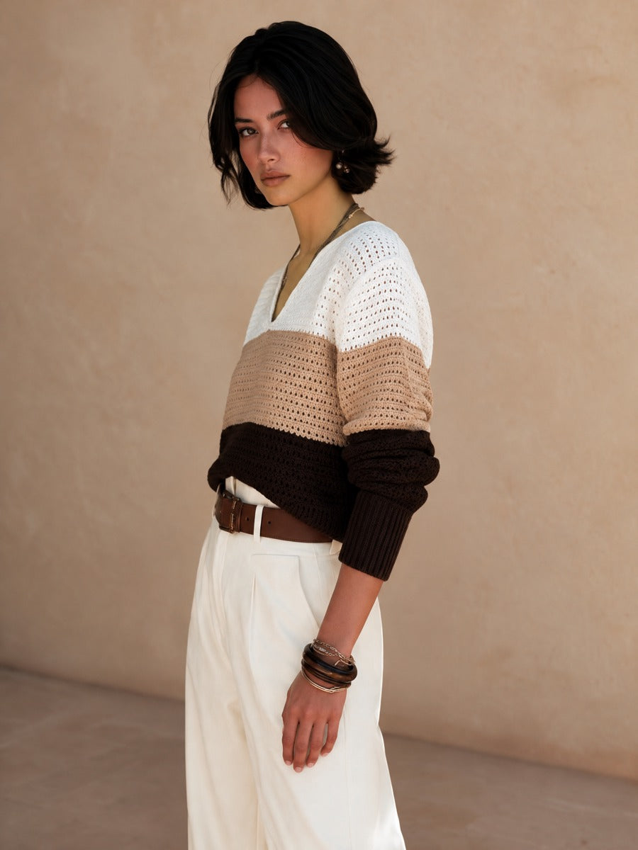 Women's Color Block V-Neck Open-Knit Sweater