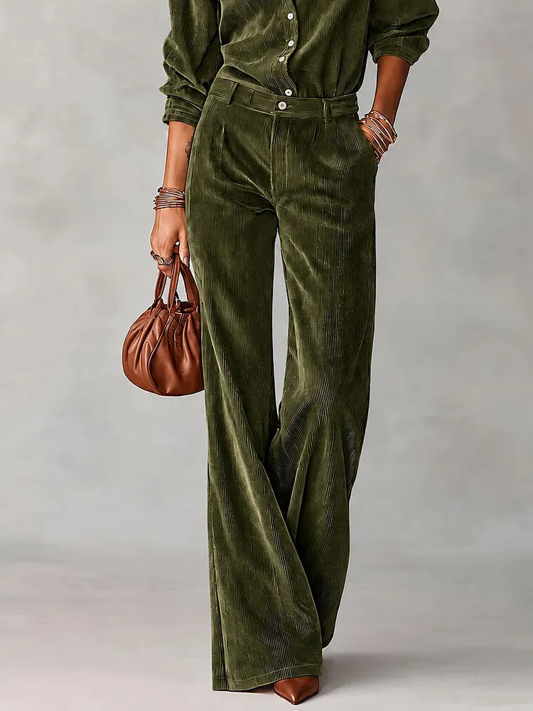 Olive Green Corduroy Lace-Trim Shirt & Wide-Leg Pants Set