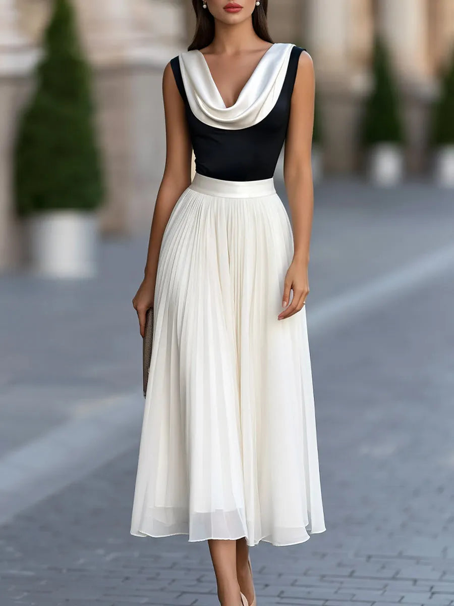Elegant Color-Block Midi Dress with Cowl Neck and Pleated Hem