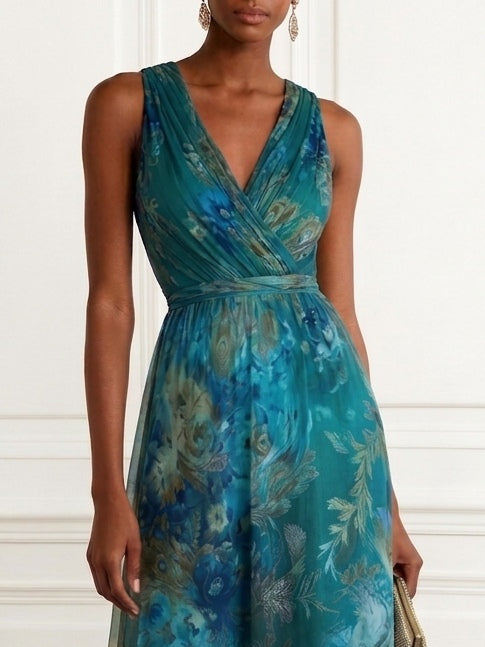Blue Green Floral Pleated Chiffon V-neck A-line Maxi Dress