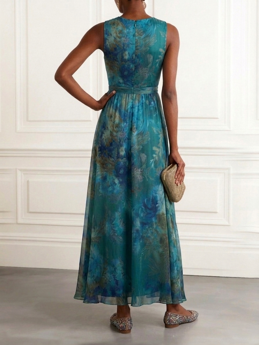 Blue Green Floral Pleated Chiffon V-neck A-line Maxi Dress