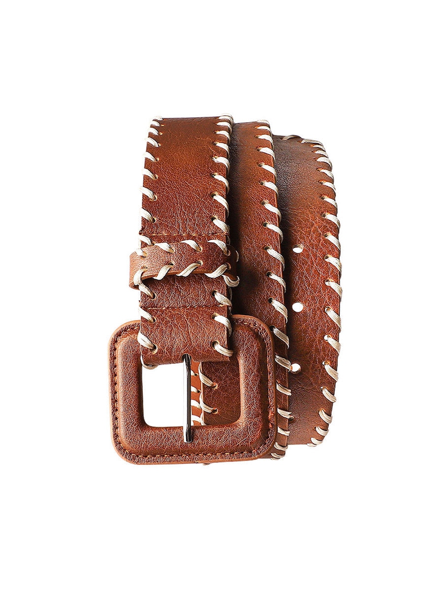 Women's Brown Leather Belt with Stitching Detail MDA1679H3I