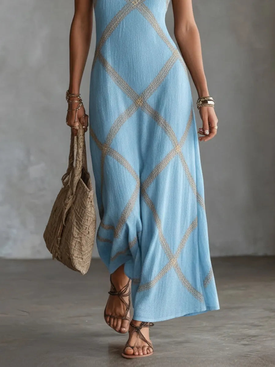 Blue Geometric Camel Print Halter-neck A-line Maxi Dress