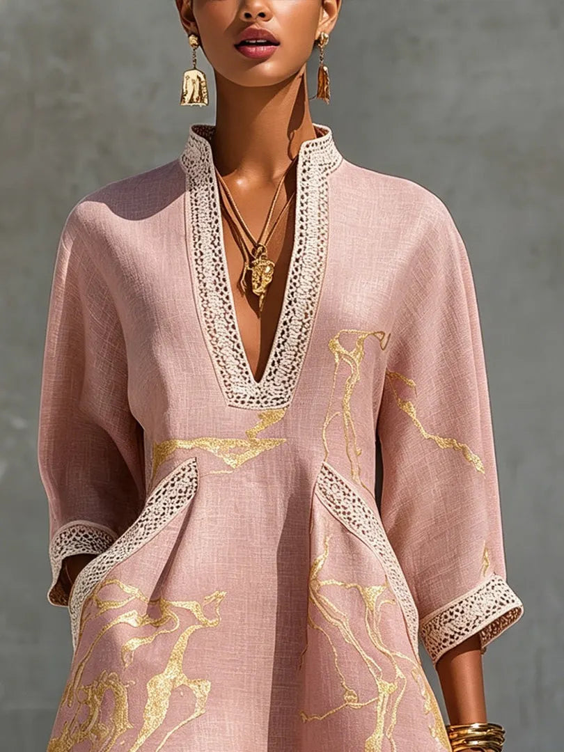 Boho V-Neck Crochet Lace Mini Dress - Pink Gold