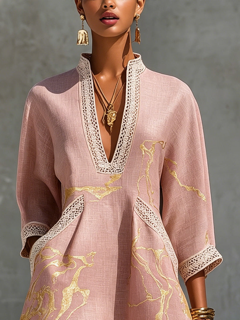Boho V-Neck Crochet Lace Mini Dress - Pink Gold