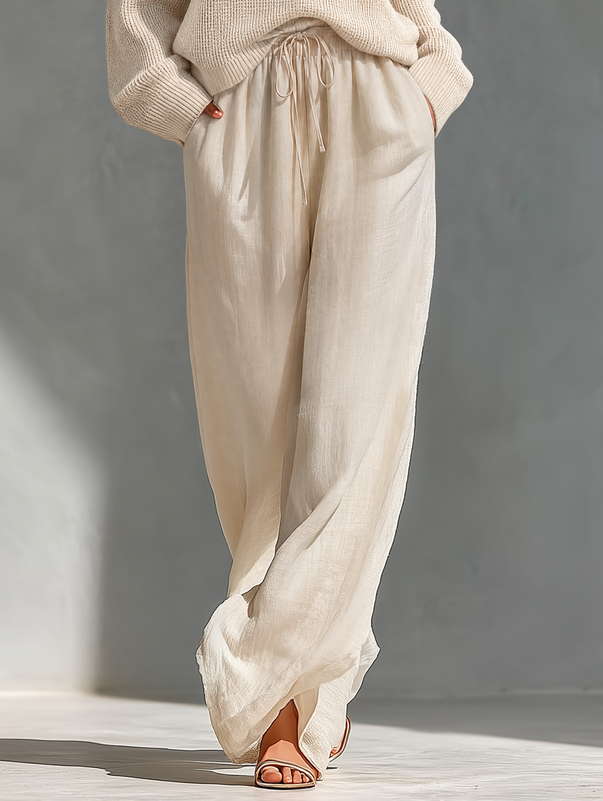 Women's Beige Knit Fabric Cold-Shoulder Turtleneck Top & Wide-Leg Pants Set MDZ0984A5T