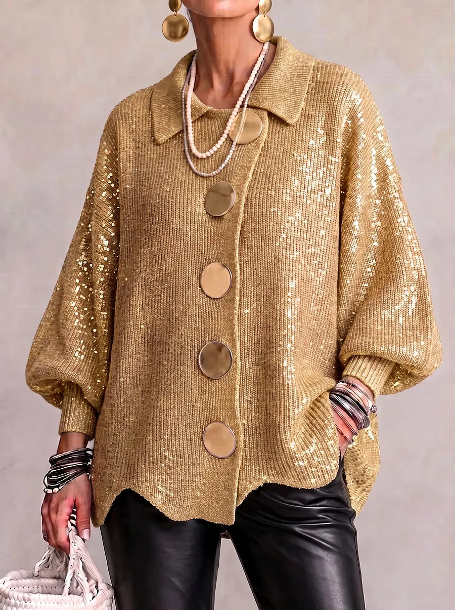 Oversized Collared Knit Cardigan With Large Metal Buttons