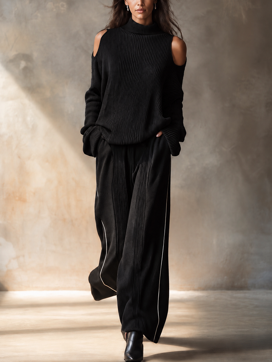 Women's Black Wool Knit Cold‑Shoulder Mock‑Neck Ribbed Sweater & Wide‑Leg Pants With Side Piping Two‑Piece Set