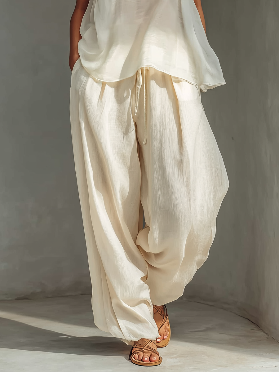 Women's Cream-Hued Tencel-Blend High-Waisted Wide-Leg Pants with Drawstring and Pockets