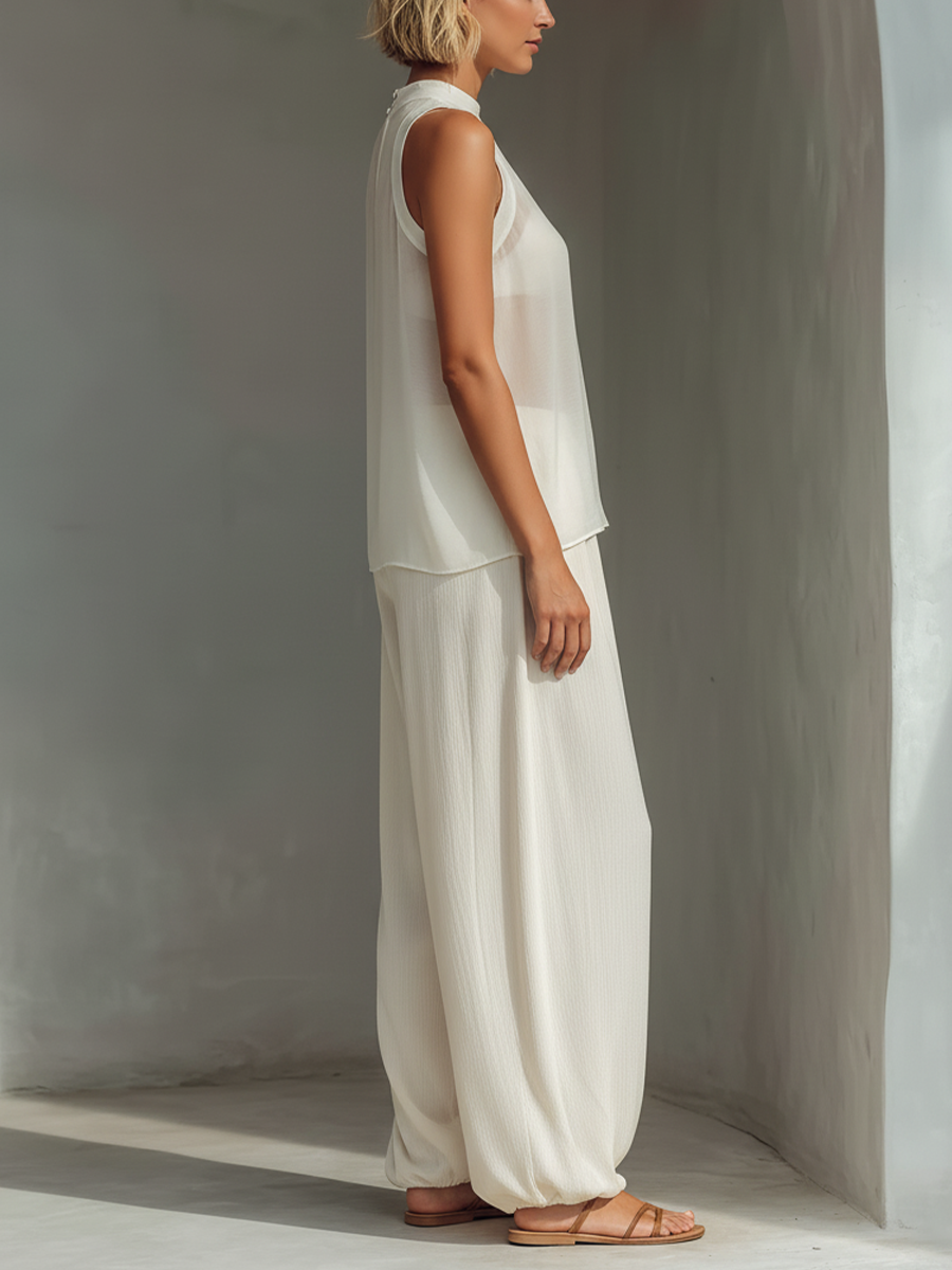 Women's Cream-Hued Tencel-Blend High-Waisted Wide-Leg Pants with Drawstring and Pockets