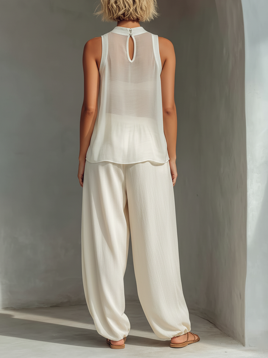 Women's Cream-Hued Tencel-Blend High-Waisted Wide-Leg Pants with Drawstring and Pockets