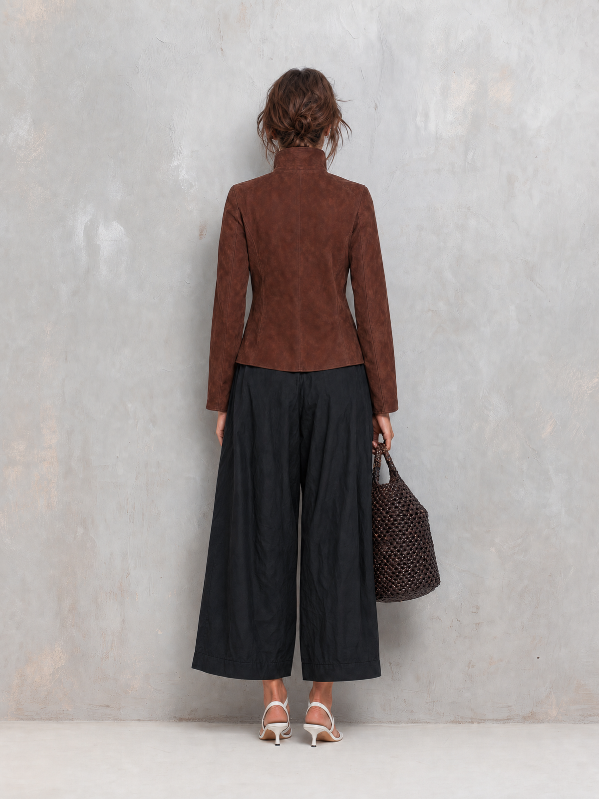 Women's Casual 2-Piece Set Brown Suede Long-sleeve Jacket And Black Woven Trousers MDZ2956G0LXY