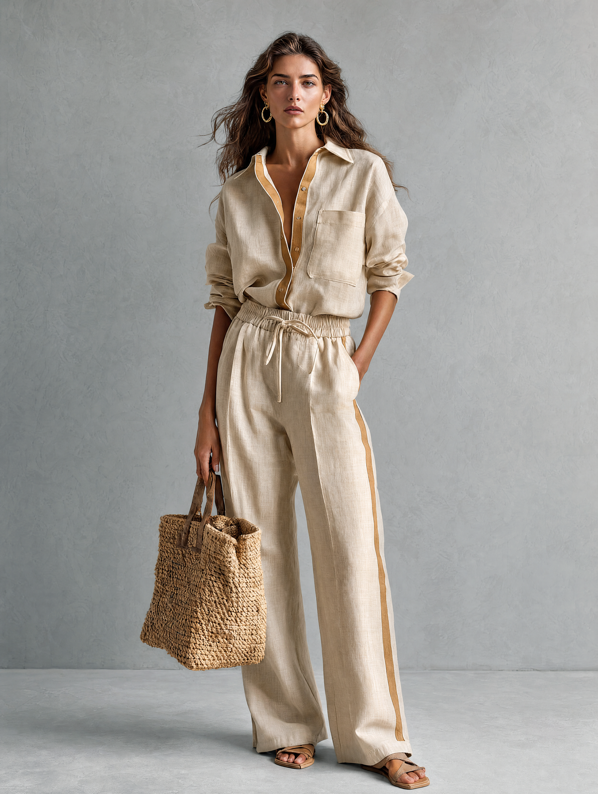 Women's Casual Khaki Cotton-Linen Shirt And Trousers Two-Piece Set