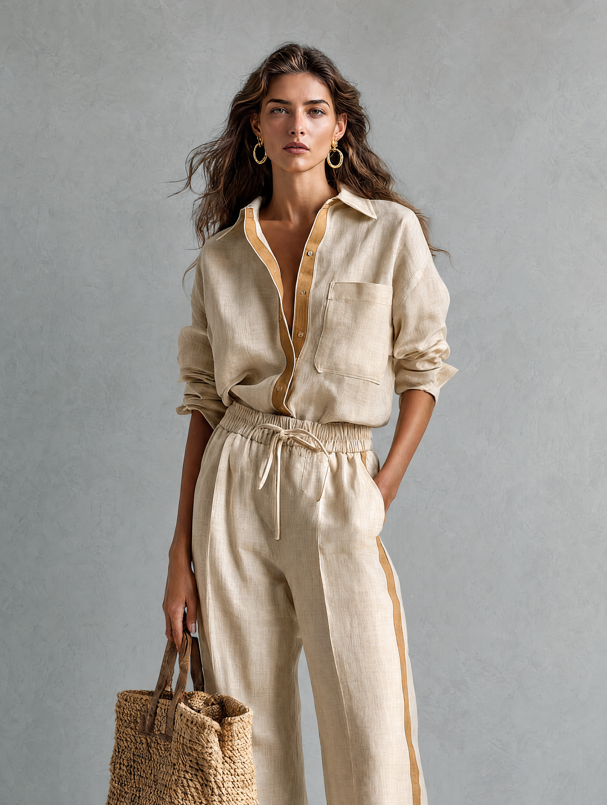 Women's Casual Khaki Cotton-Linen Shirt And Trousers Two-Piece Set