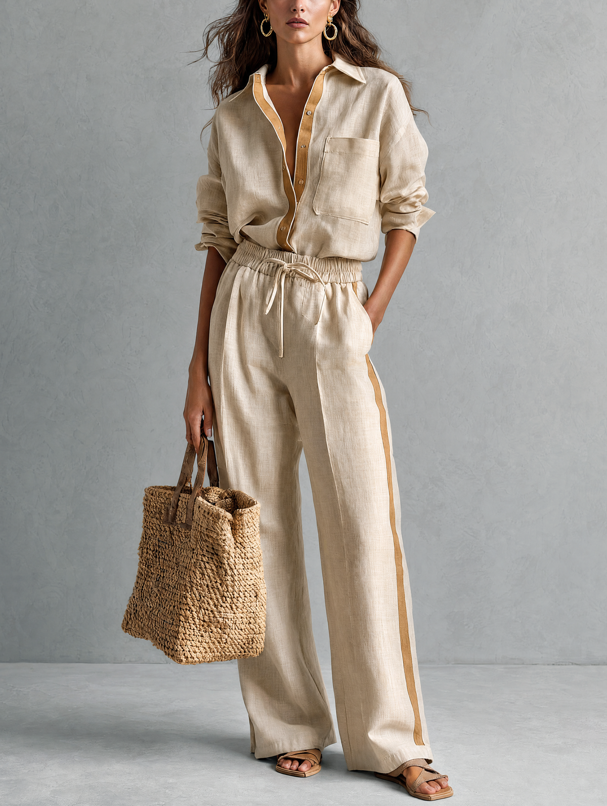 Women's Casual Khaki Cotton-Linen Shirt And Trousers Two-Piece Set