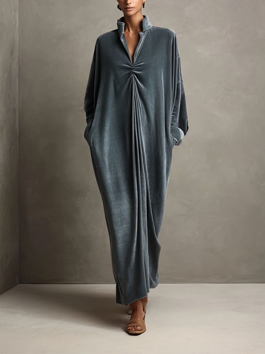 Women's Dusty Blue Stand‑Collared Twist‑Knot Oversized Velvet Maxi Dress