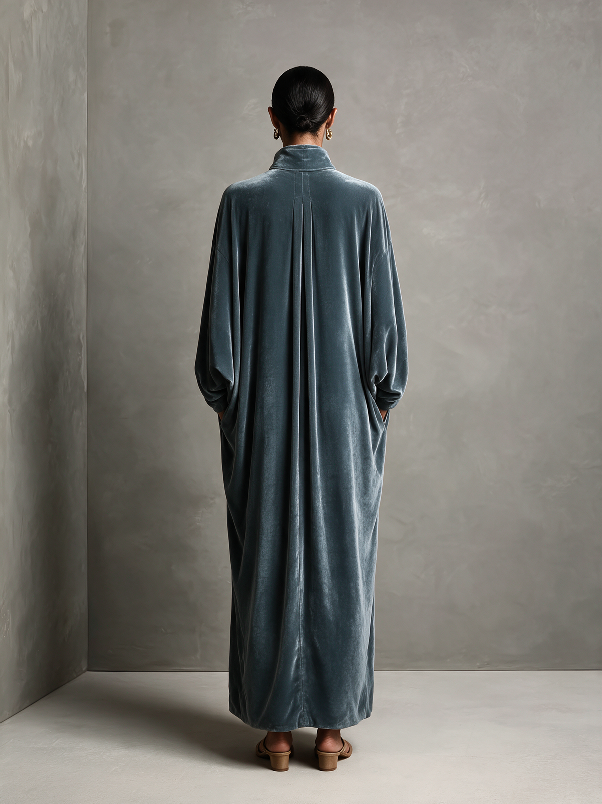 Women's Dusty Blue Stand‑Collared Twist‑Knot Oversized Velvet Maxi Dress