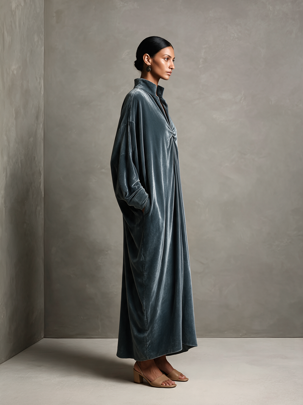 Women's Dusty Blue Stand‑Collared Twist‑Knot Oversized Velvet Maxi Dress