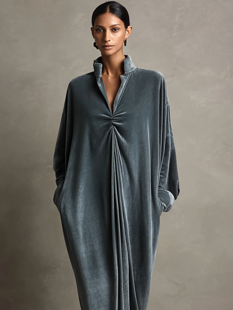 Women's Dusty Blue Stand‑Collared Twist‑Knot Oversized Velvet Maxi Dress