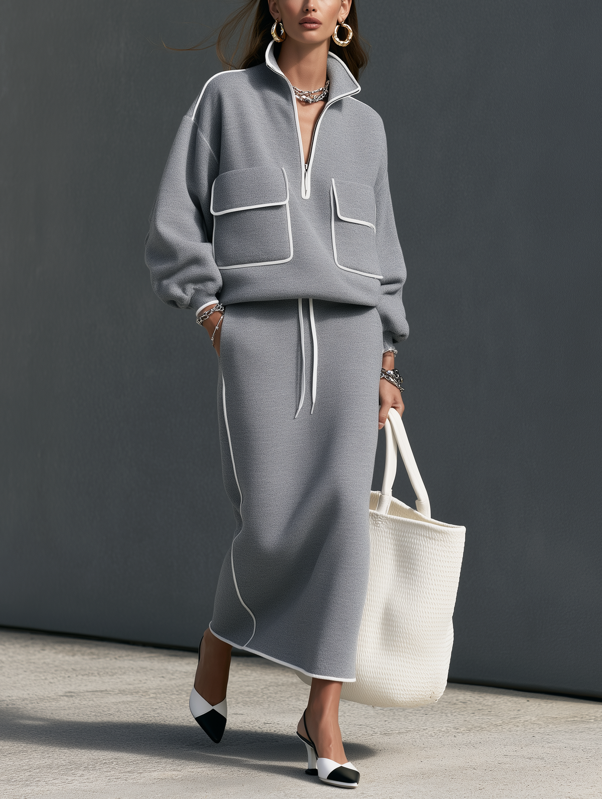 Women's Casual Grey Scuba-Knit Long-Sleeve Top And Skirt Two-Piece Set