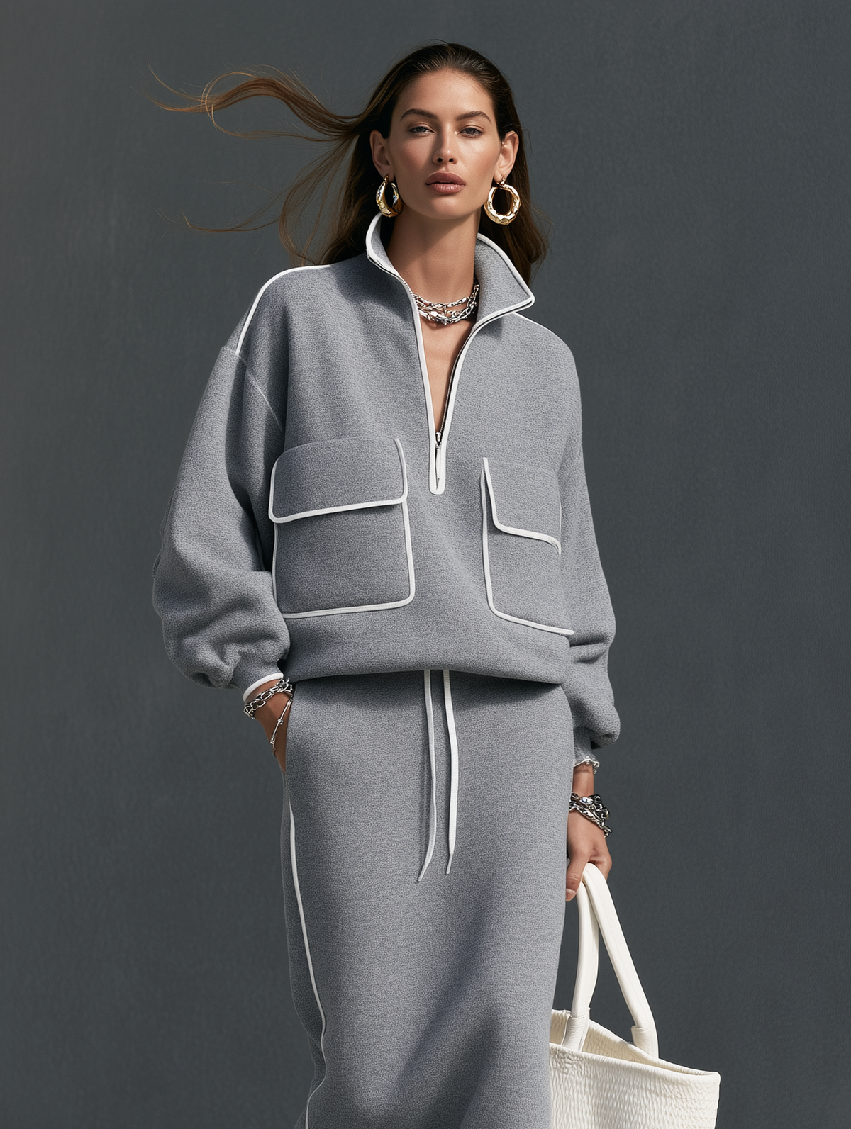 Women's Casual Grey Scuba-Knit Long-Sleeve Top And Skirt Two-Piece Set