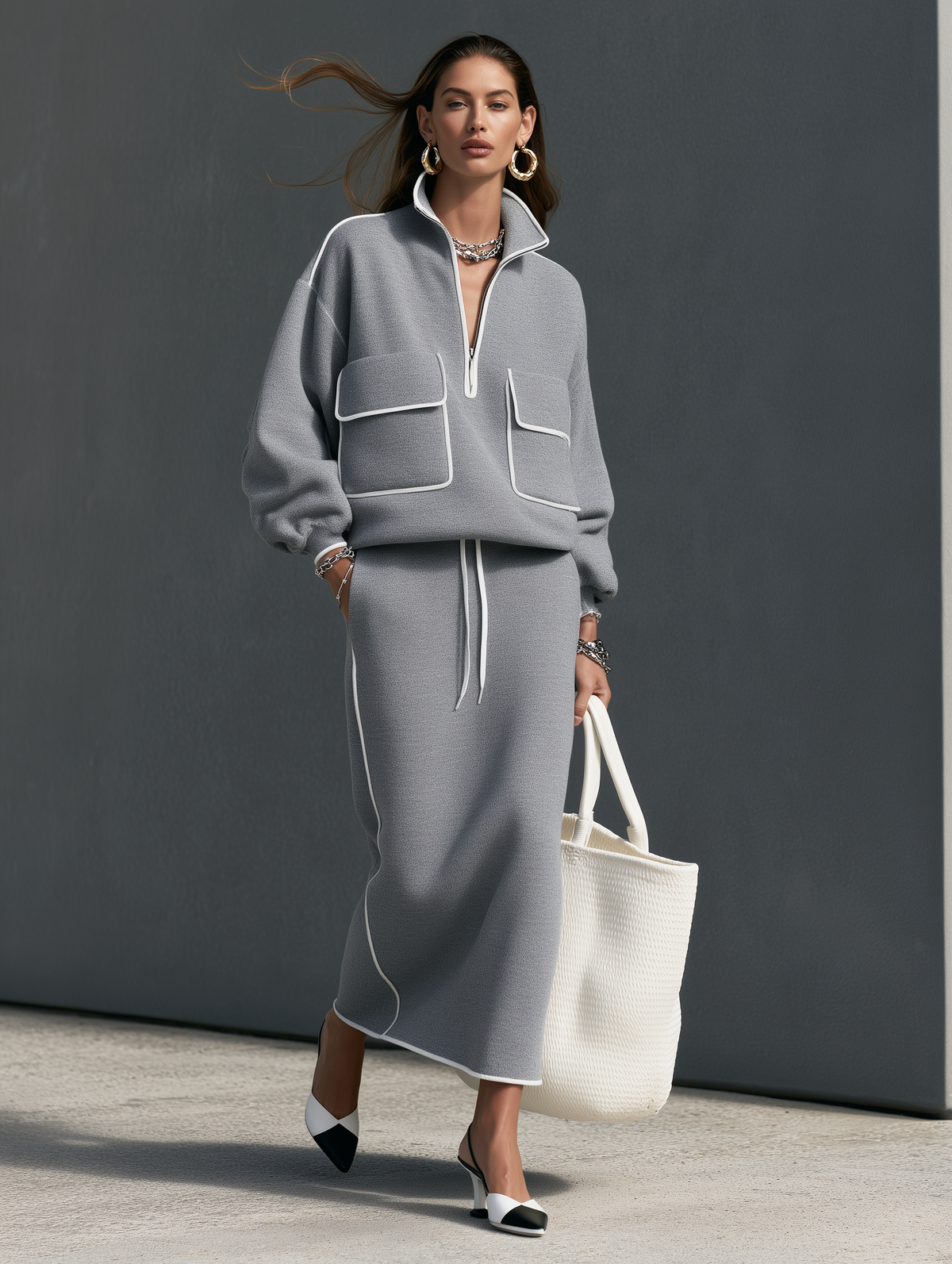 Women's Casual Grey Scuba-Knit Long-Sleeve Top And Skirt Two-Piece Set
