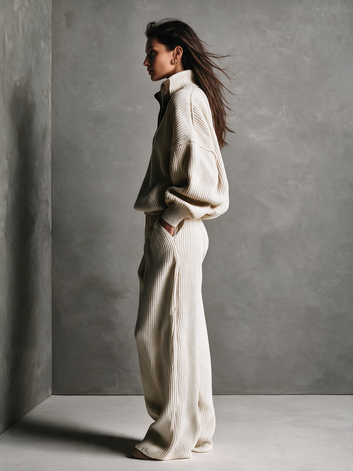 Women's Corduroy Half‑Zip Top & Wide‑Leg Pants Co‑ord Set