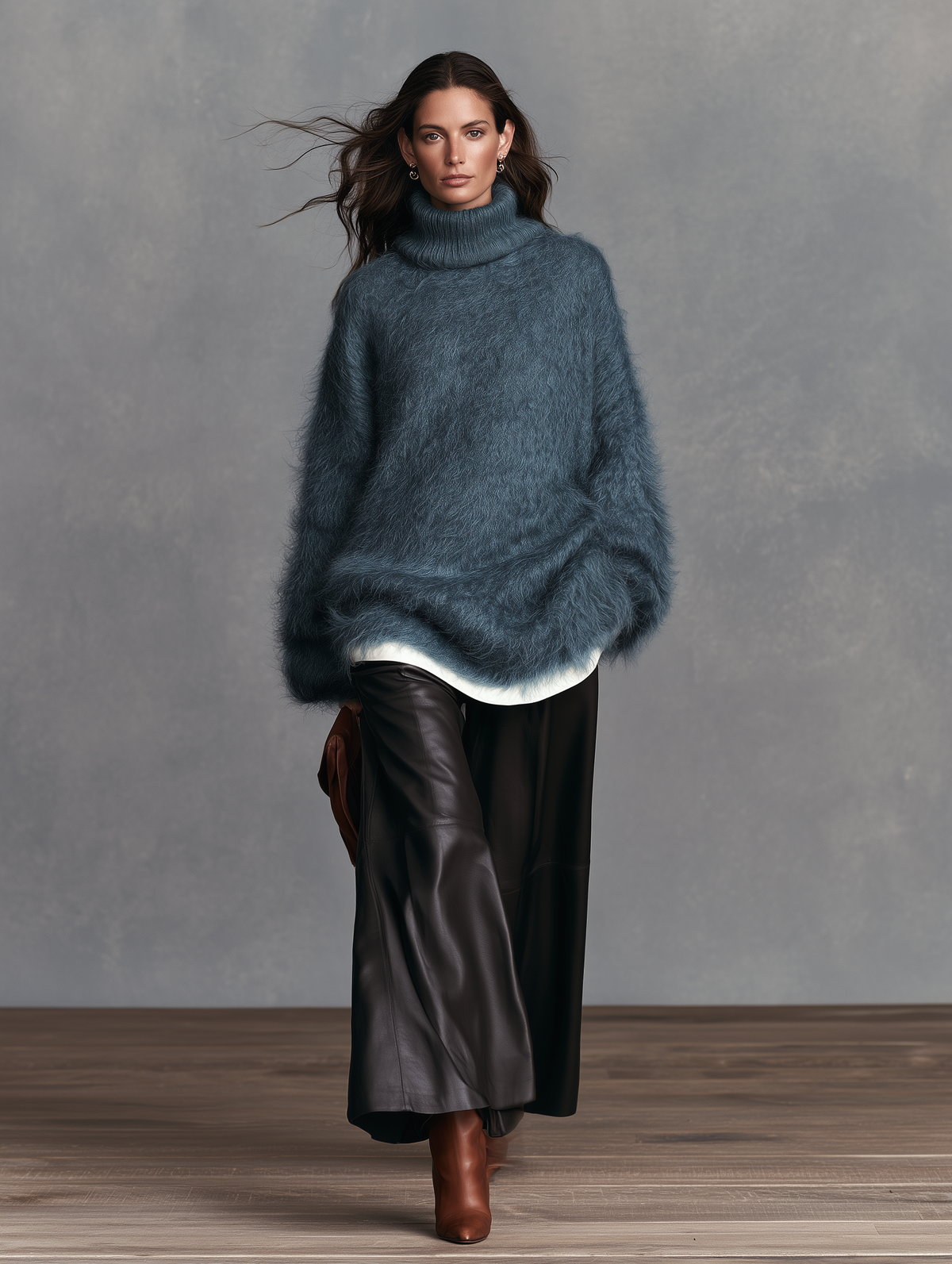 Women's Casual Blue Long-Sleeve Turtleneck Sweater In Long-Pile Knit