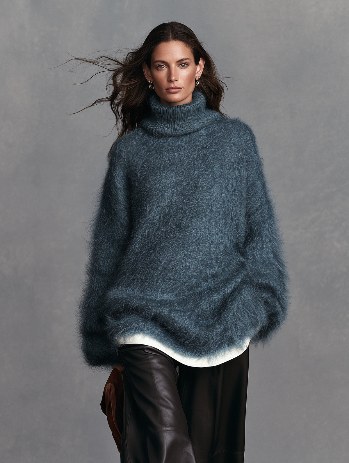 Women's Casual Blue Long-Sleeve Turtleneck Sweater In Long-Pile Knit