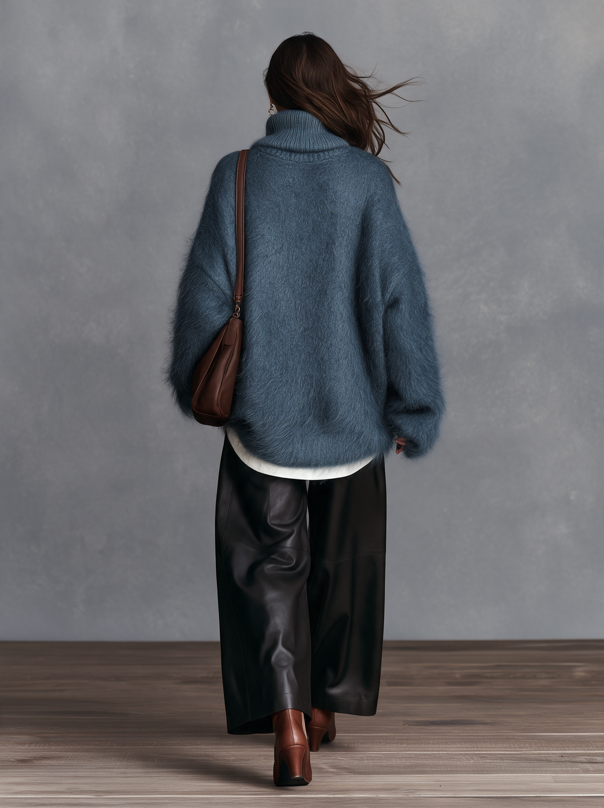 Women's Casual Blue Long-Sleeve Turtleneck Sweater In Long-Pile Knit