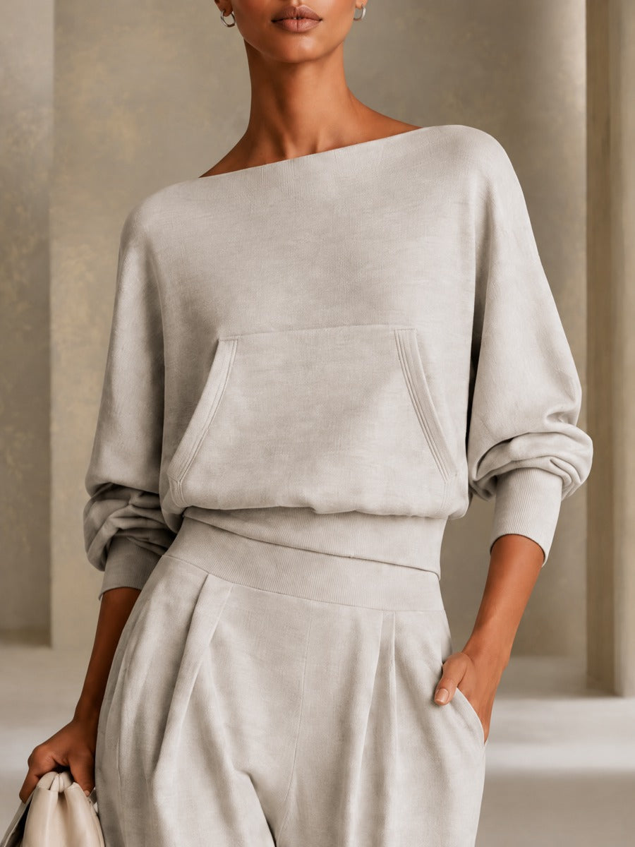 Women's Boat Neck Wide Leg Set Gray Office Outfit