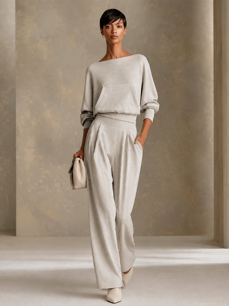 Women's Boat Neck Wide Leg Set Gray Office Outfit