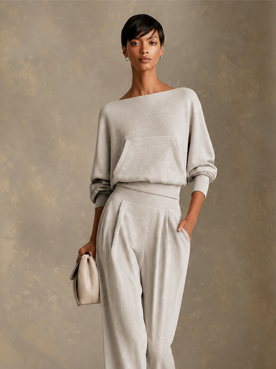 Women's Boat Neck Wide Leg Set Gray Office Outfit