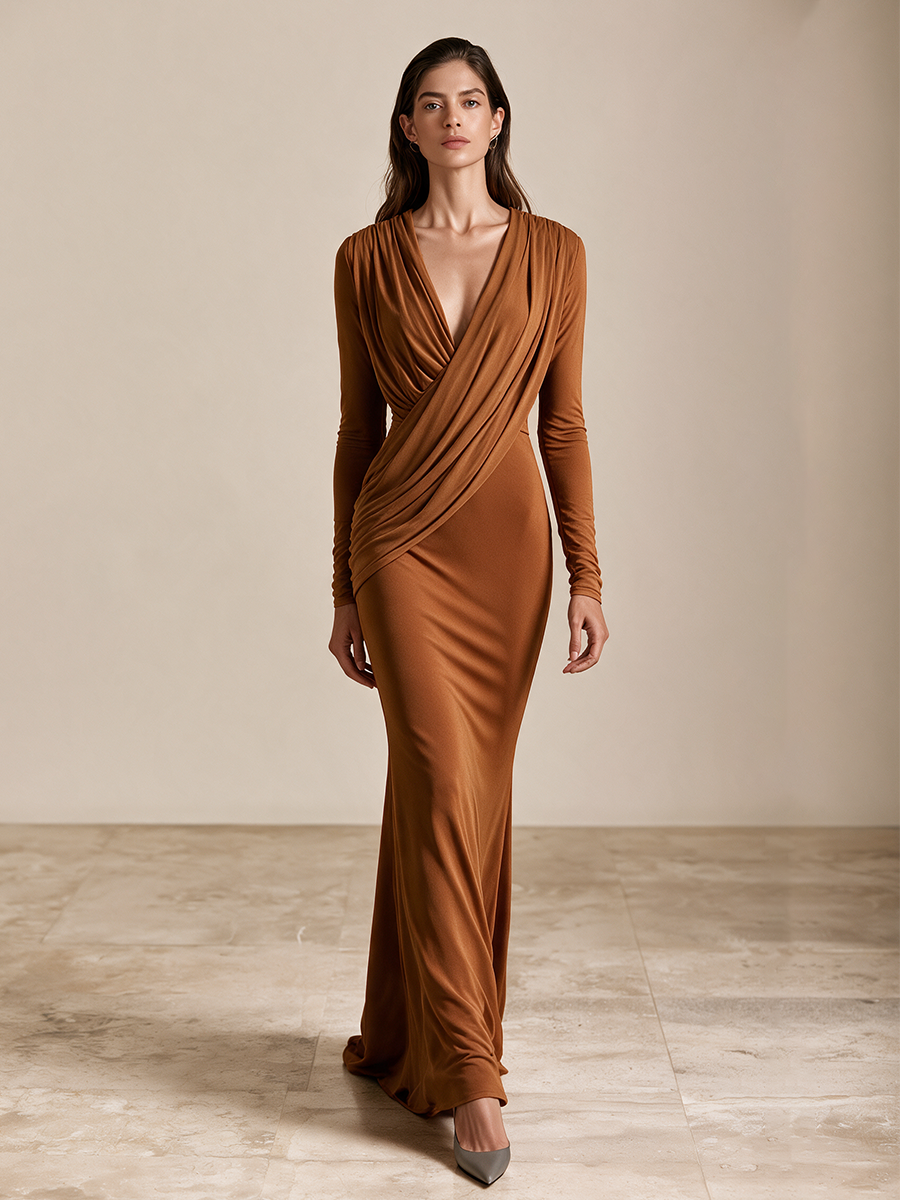 Women's Draped V-Neck Maxi Dress Caramel