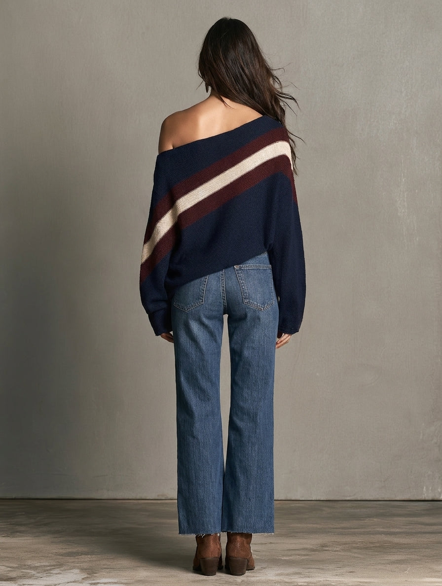 Women's Casual Navy Blue One-Shoulder Long-Sleeve Sweater