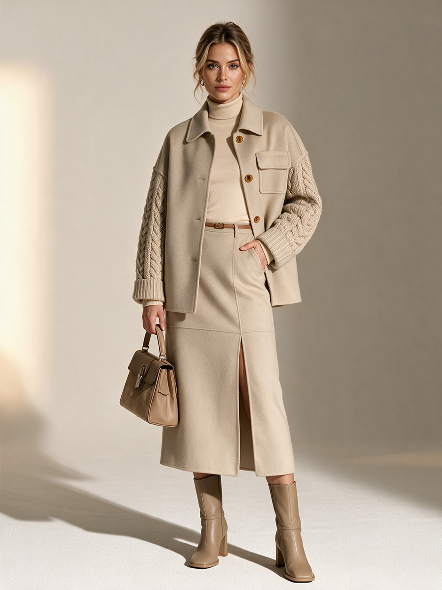 Women's Collared Button-Front Drop-Shoulder Wool-and-Cable-Knit-Sleeve Cropped Jacket