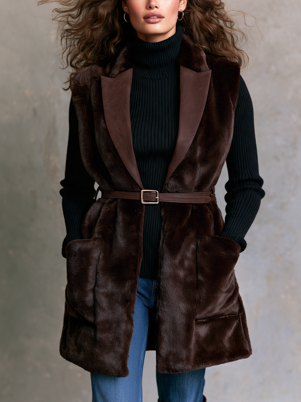 Women's Casual Dark Brown Faux Fur Sleeveless Coat (Belt Included)