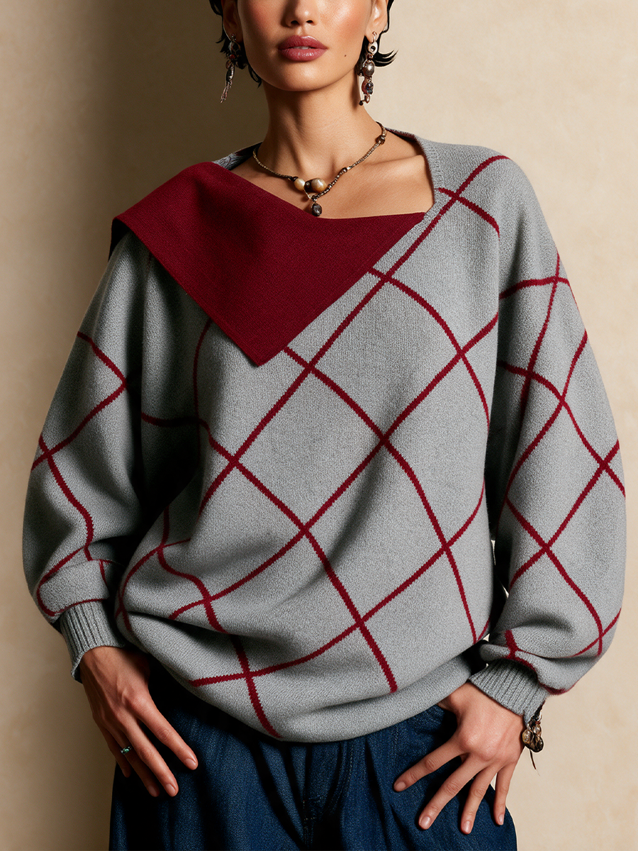 Women's Casual Plaid Irregular Collar Sweater