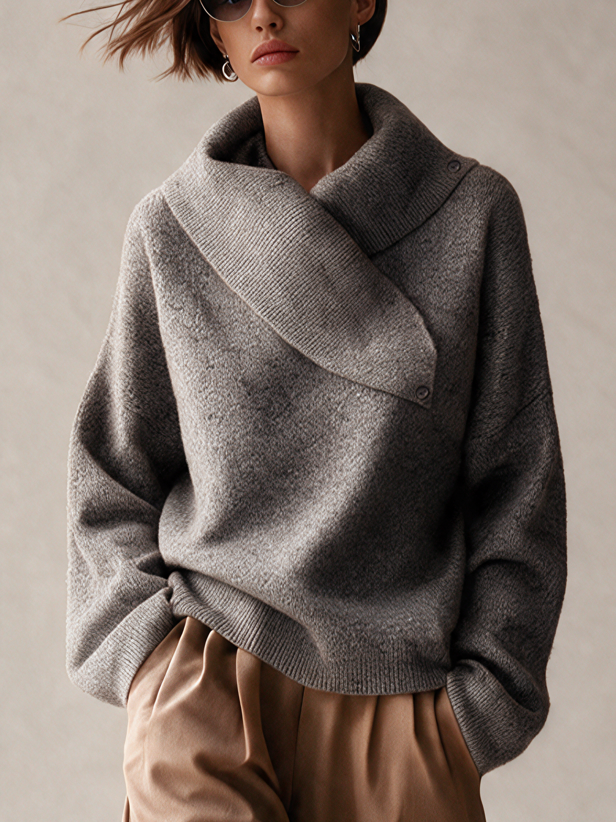 Women's Asymmetric Wrap Collar Loose Knit Sweater