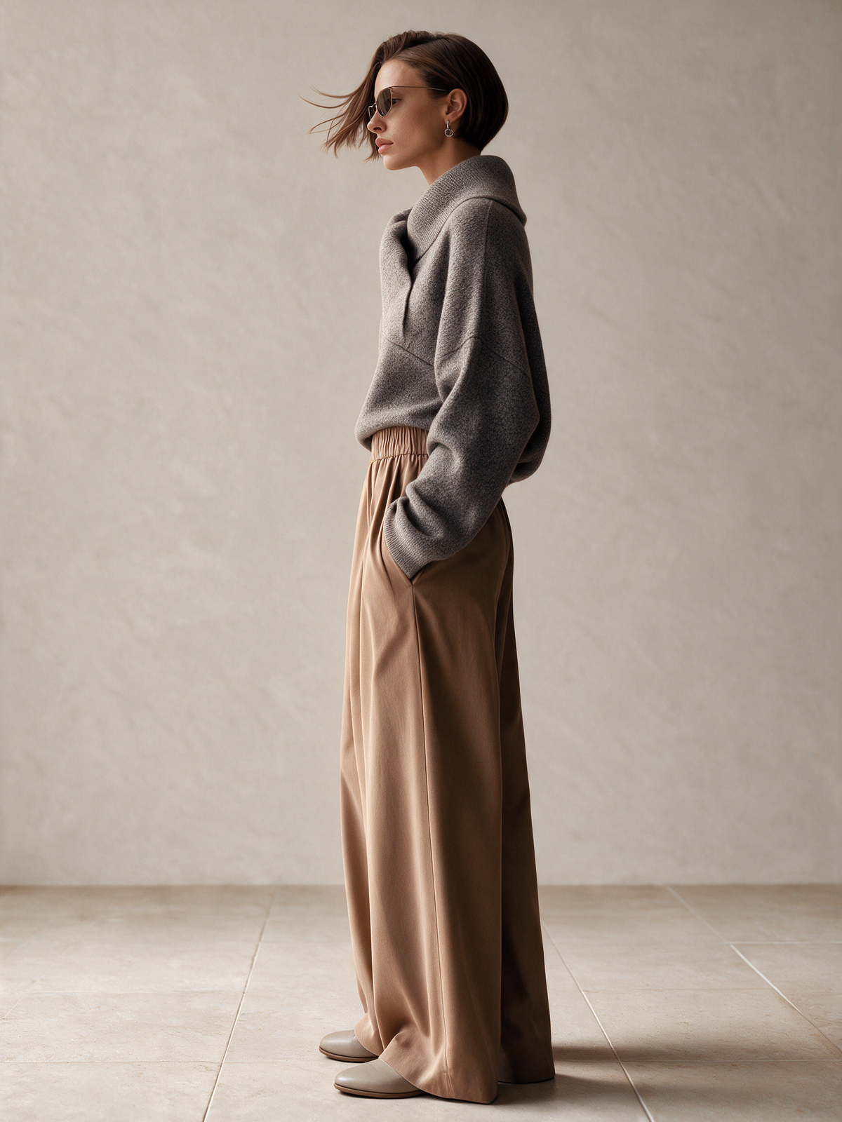 Women's Asymmetric Collar Knit Top & Wide Leg Trousers Set