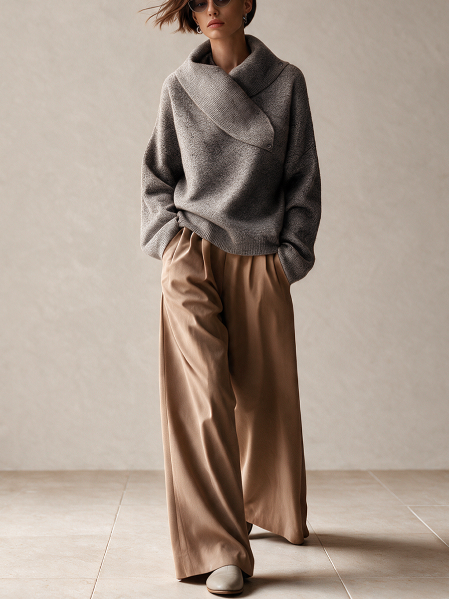 Women's Asymmetric Collar Knit Top & Wide Leg Trousers Set