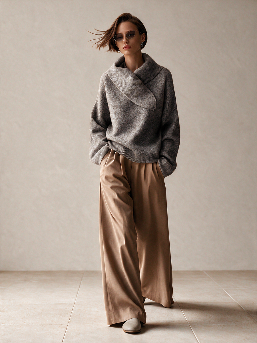 Women's Asymmetric Collar Knit Top & Wide Leg Trousers Set