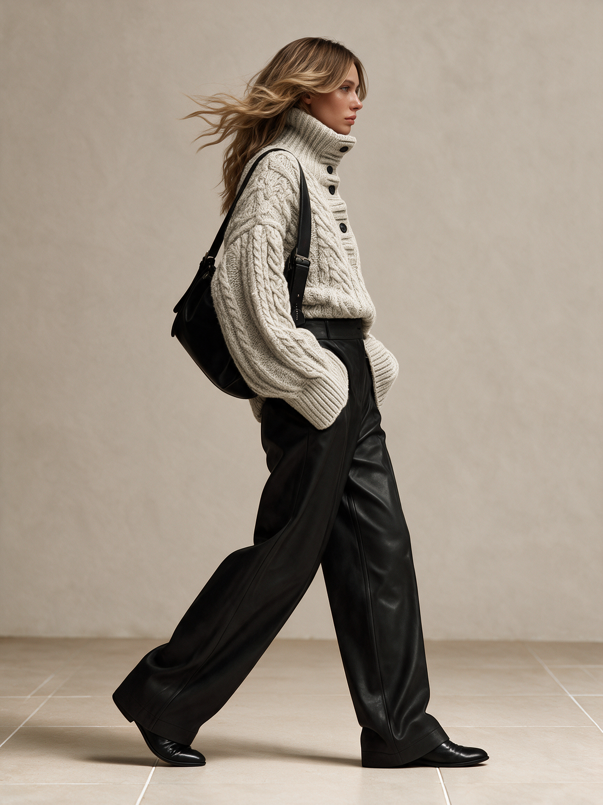 Women's Cable Knit Half-button Sweater & Faux Leather Wide Leg Pants Set