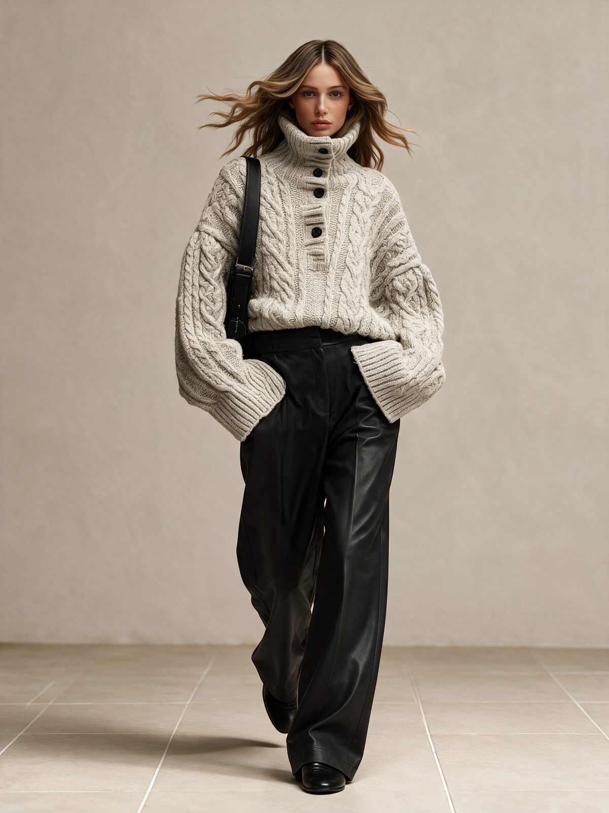 Women's Cable Knit Half-button Sweater & Faux Leather Wide Leg Pants Set