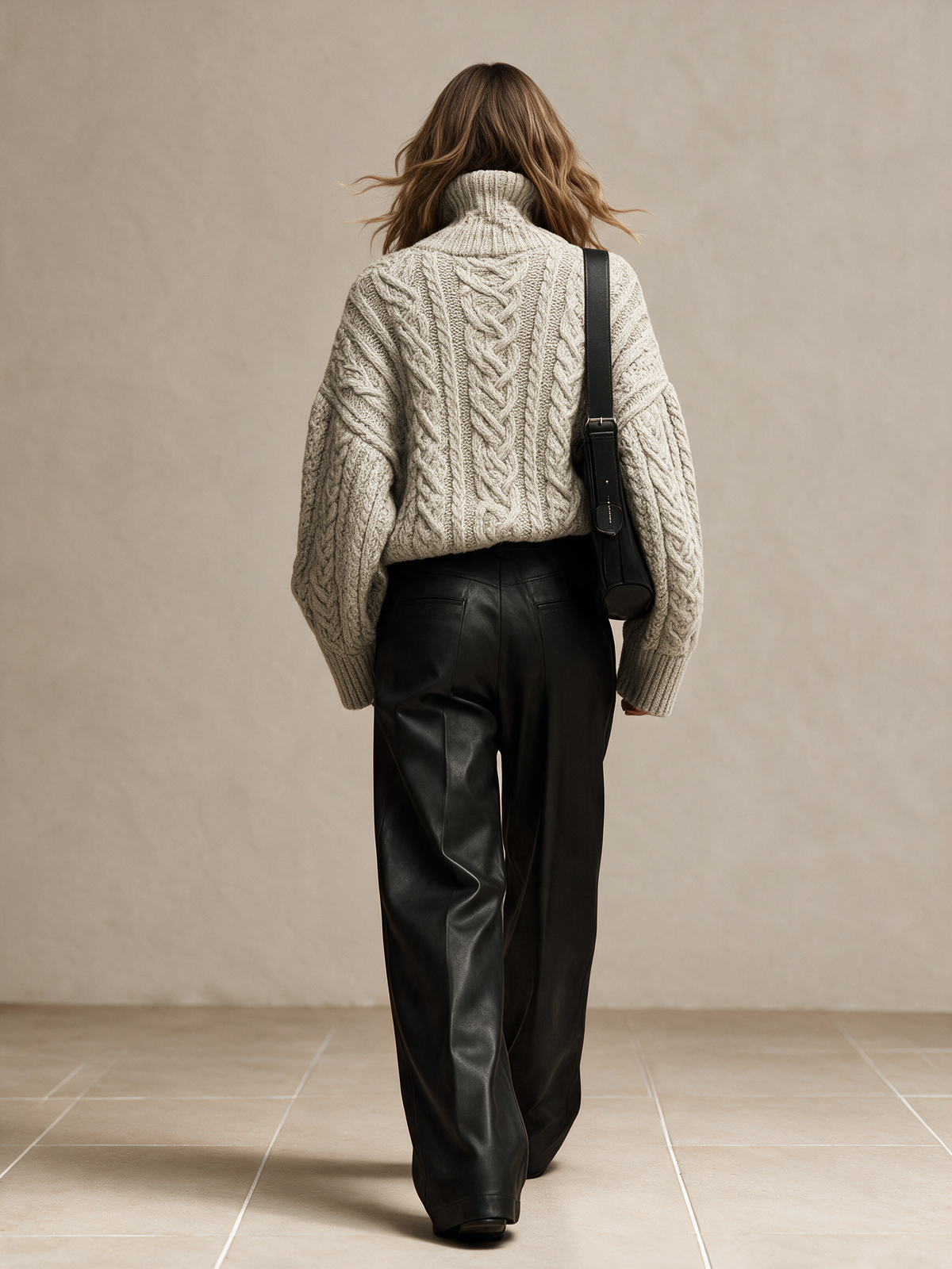 Women's Cable Knit Half-button Sweater & Faux Leather Wide Leg Pants Set