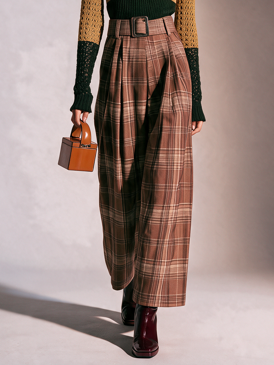 Women's Brown Plaid High-Waisted Belted Pleated Wide-Leg Trousers
