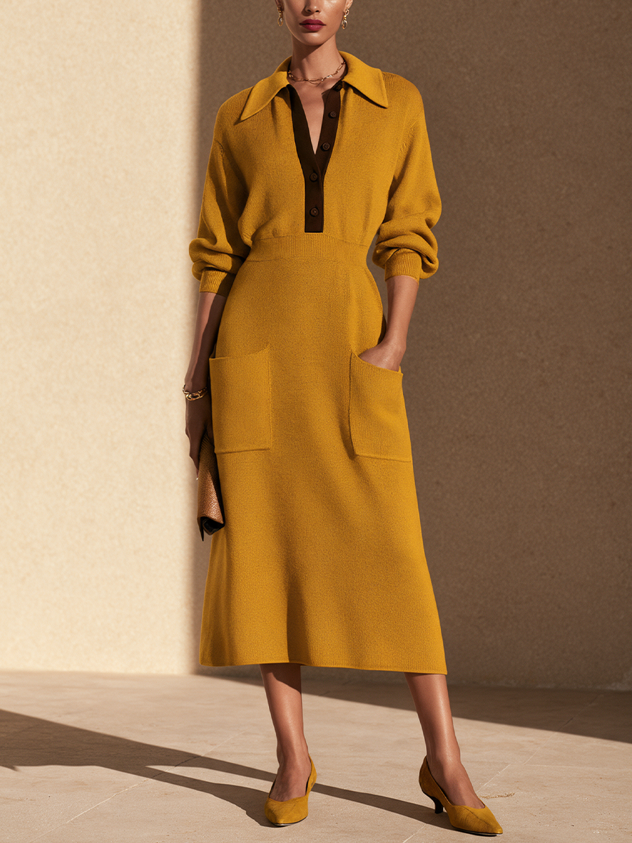 Women's Contrast Placket Collared Knit Midi Dress