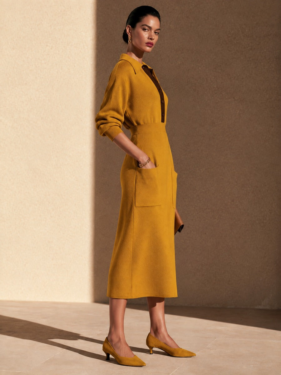 Women's Contrast Placket Collared Knit Midi Dress
